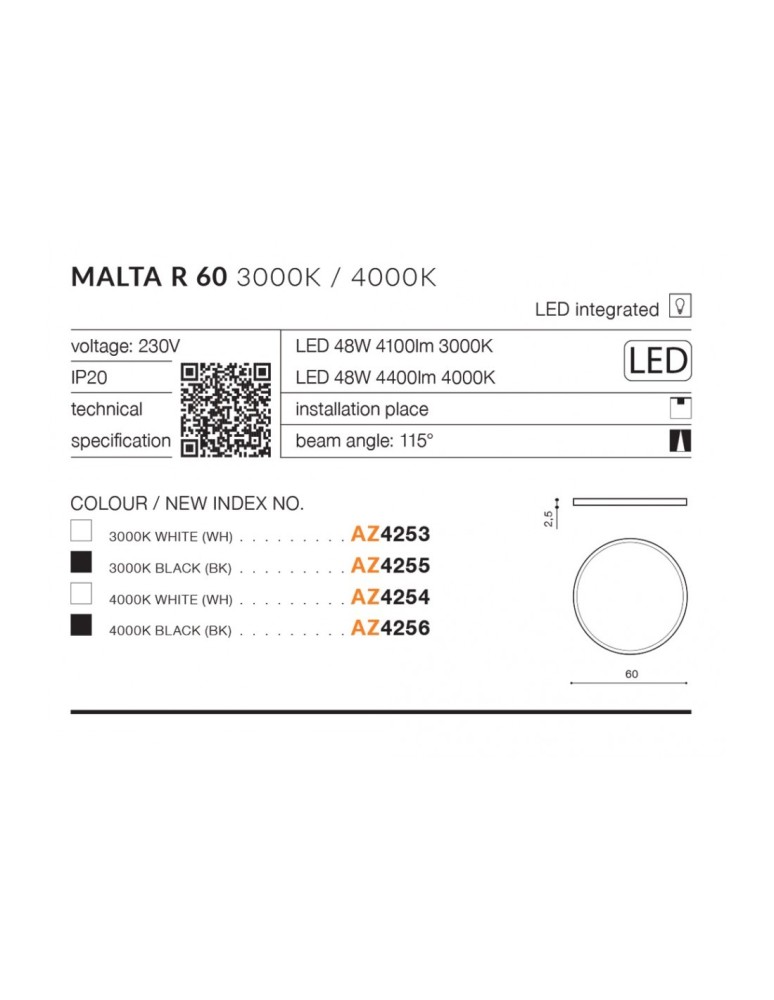 Azzardo MALTA R60 LED 48W 4400lm 4000K Biały Sufitowa AZ4254