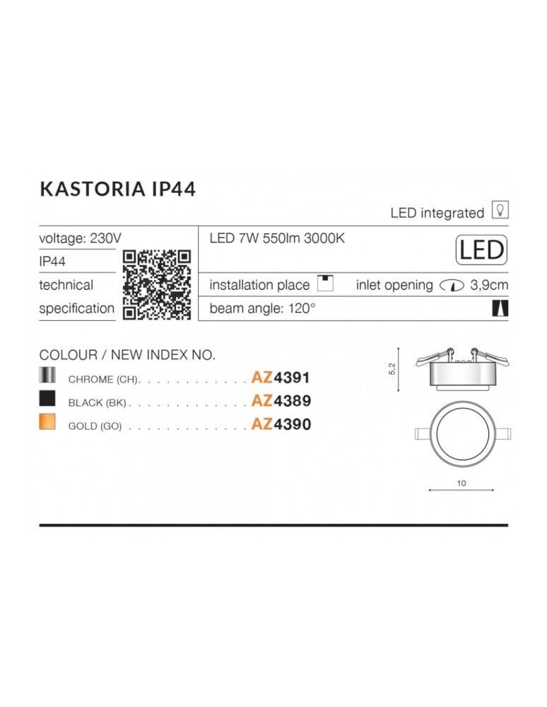 Lampy podtynkowe hermetyczne - Azzardo KASTORIA LED IP44 7W 550lm 3000K Czarny Wpuszczana AZ4389 - product kolory-swiatla.pl 2