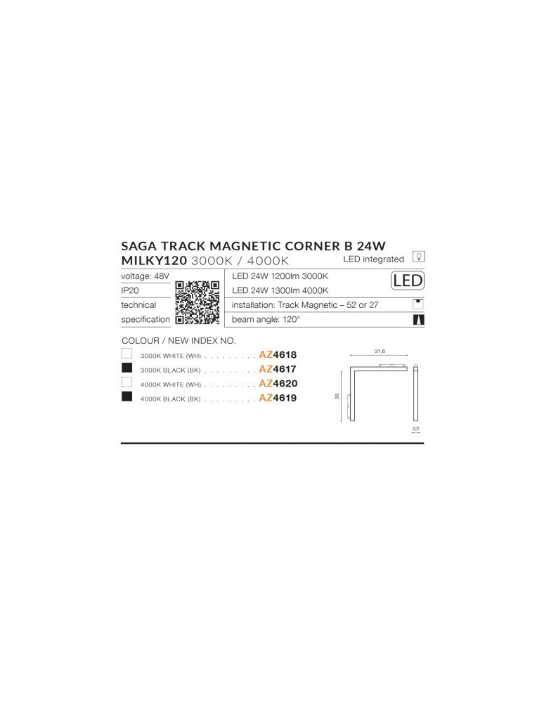 Azzardo SAGA TRACK MAGNETIC CORNER B 24W 1200lm 3000K Czarny AZ4617