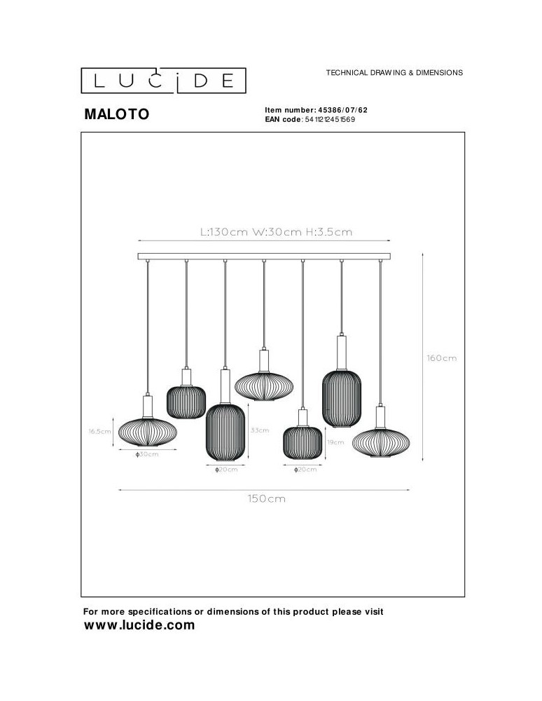 Lucide MALOTO Wisząca E27 7x40W Bursztynowy/Złoty Matowy/Mosiądz 45386/07/62