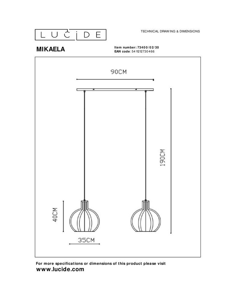 Lucide MIKAELA Wisząca E27 2x60W Czarny 73400/02/30