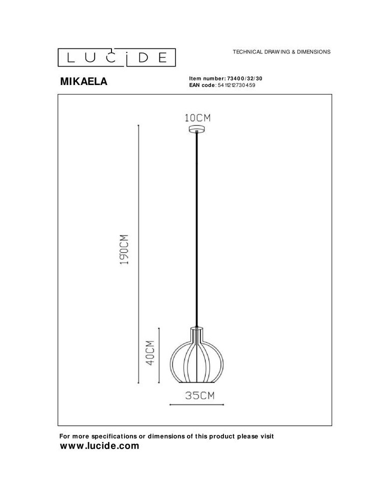 Lucide MIKAELA Wisząca E27 1x60W Czarny 73400/32/30