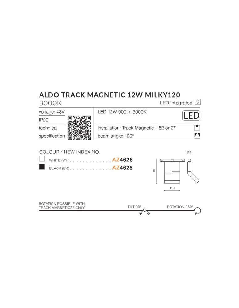 Azzardo ALDO TRACK MAGNETIC 12W 900lm 3000K Czarny Reflektor AZ4625