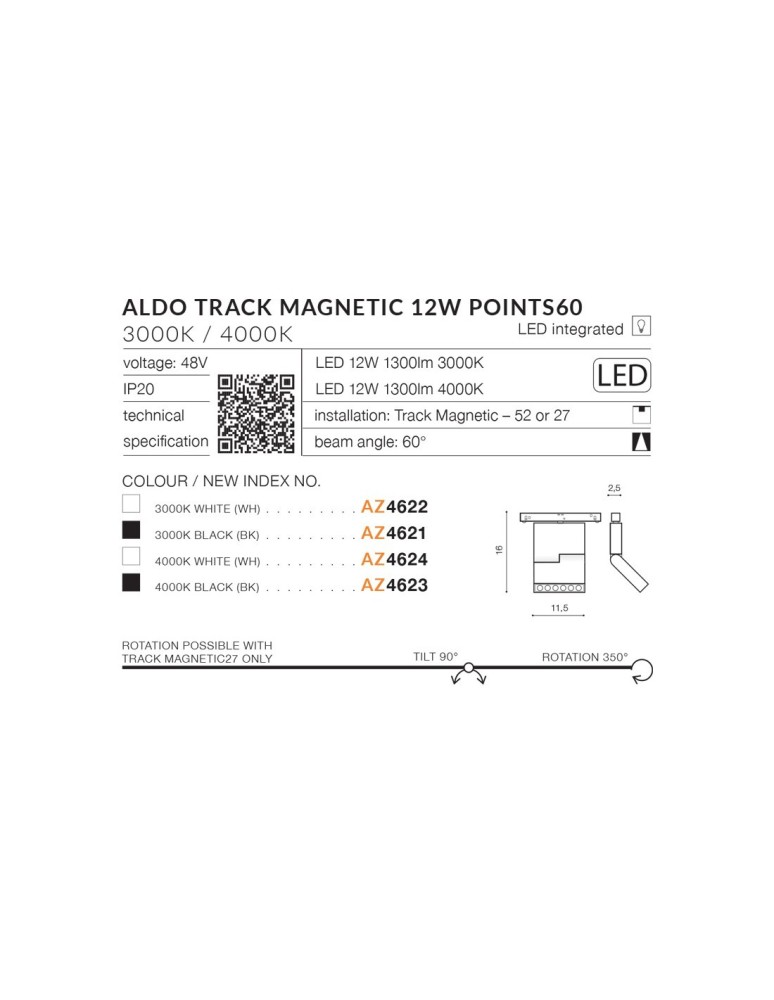 Azzardo ALDO POINTS TRACK MAGNETIC 12W 900lm 3000K Czarny Reflektor AZ4621