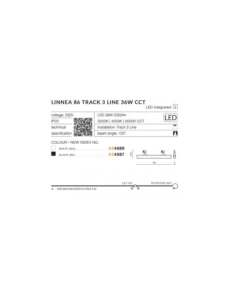 Azzardo LINNEA 86 TRACK 3 LINE CCT 36W 2000lm 3000K/4000K/5000K Czarny Reflektor do szynoprzewodu 3F AZ4567