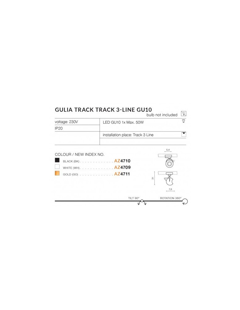 Azzardo GULIA TRACK 3 LINE GU10 Czarny Reflektor do szynoprzewodu 3F AZ4710