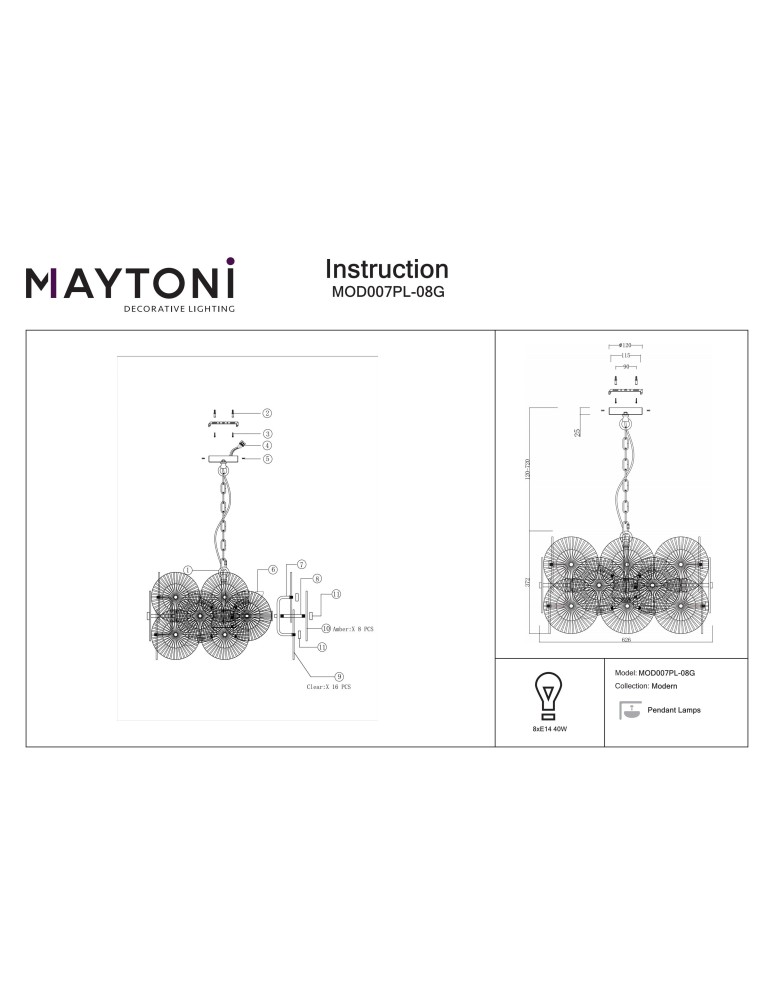Maytoni Aster Wisząca E14 8x40W Złoty MOD007PL-08G Maytoni Aster Wisząca E14 8x40W Złoty MOD007PL-08G
