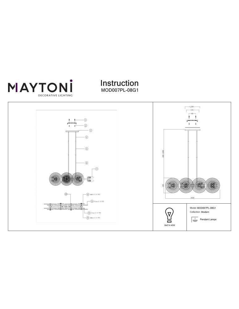 Maytoni Aster Wisząca E14 8x40W Złoty MOD007PL-08G1 Maytoni Aster Wisząca E14 8x40W Złoty MOD007PL-08G1