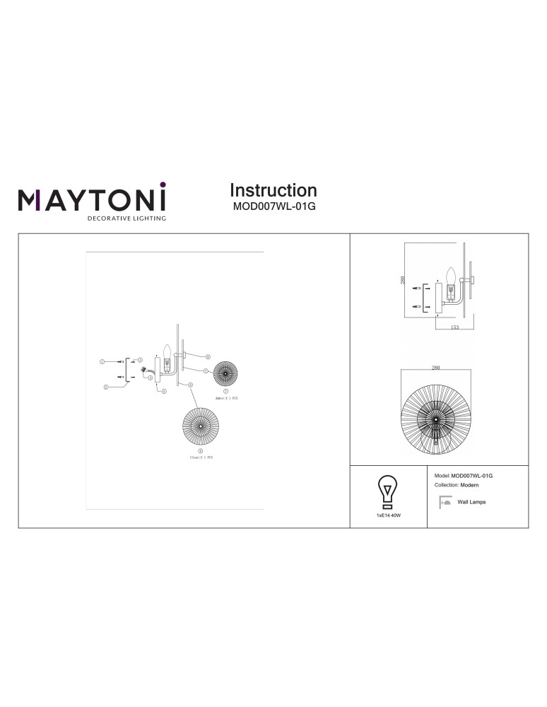 Maytoni Aster Ścienna E14 1x40W Złoty MOD007WL-01G Maytoni Aster Ścienna E14 1x40W Złoty MOD007WL-01G