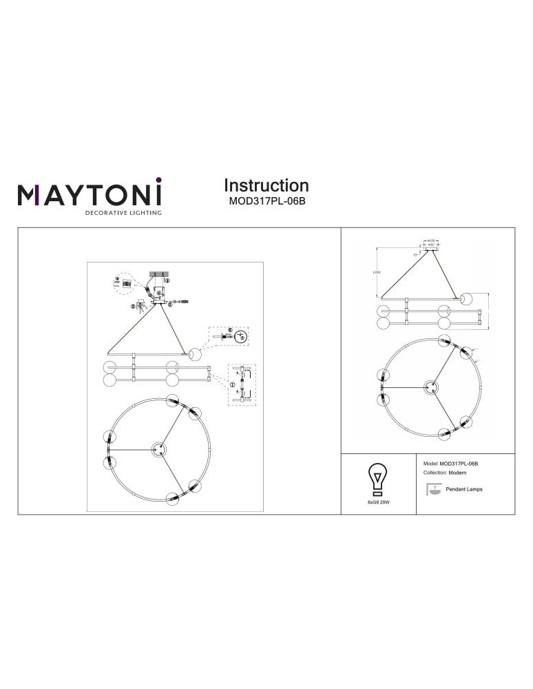 Maytoni Balance Wisząca G9 6x40W   Czarny  MOD317PL-06B