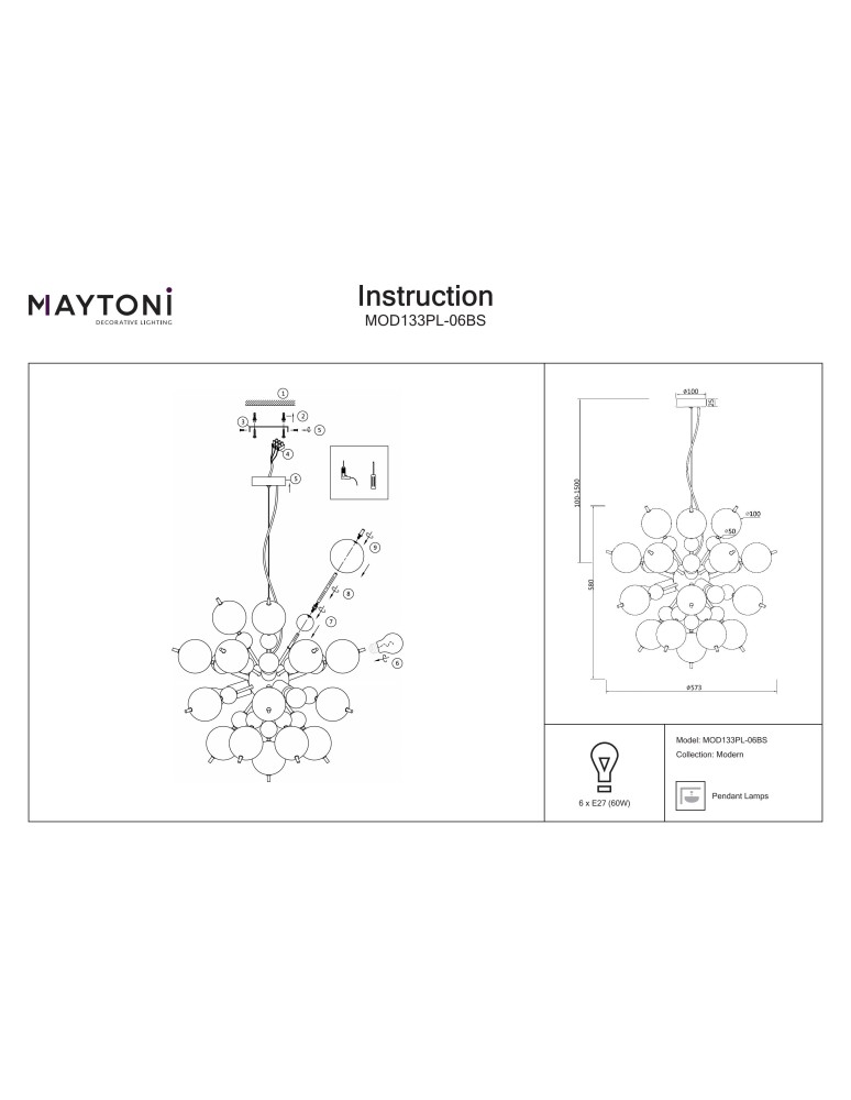 Maytoni Bolla Wisząca E27 6x60W Mosiądz MOD133PL-06BS Maytoni Bolla Wisząca E27 6x60W Mosiądz MOD133PL-06BS