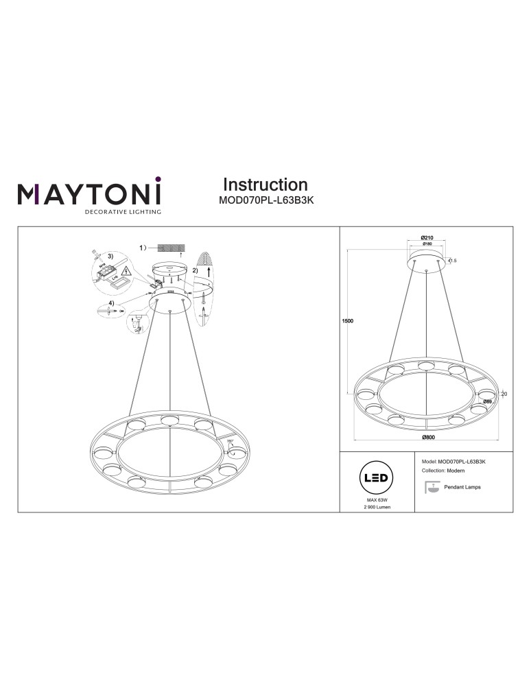 Maytoni Fad Wisząca LED 63.1W 3102K 2830lm Czarny  MOD070PL-L63B3K
