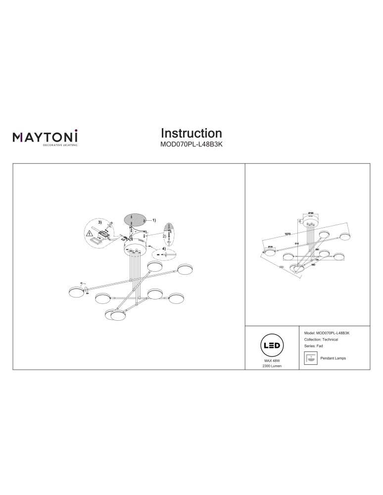 Maytoni Fad Wisząca LED 46.7W 2996K 2222lm Czarny  MOD070PL-L48B3K