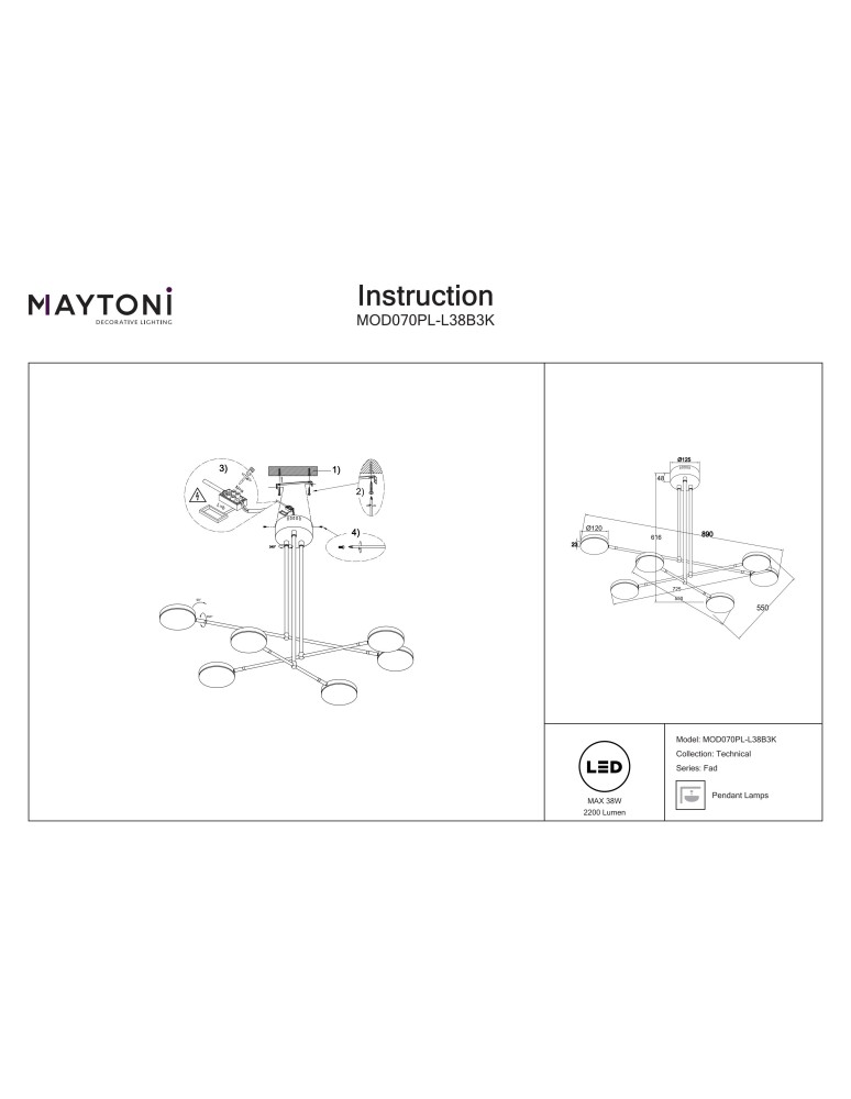 Maytoni Fad Wisząca LED 38.5W 2994K 2137lm Czarny  MOD070PL-L38B3K