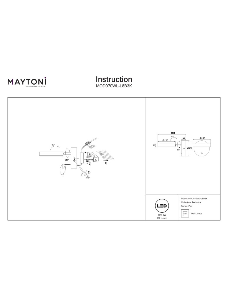 Maytoni Fad Ścienna LED 8.7W 2982K 448lm Czarny  MOD070WL-L8B3K Maytoni Fad Ścienna LED 8.7W 2982K 448lm Czarny  MOD070WL-L8B3K