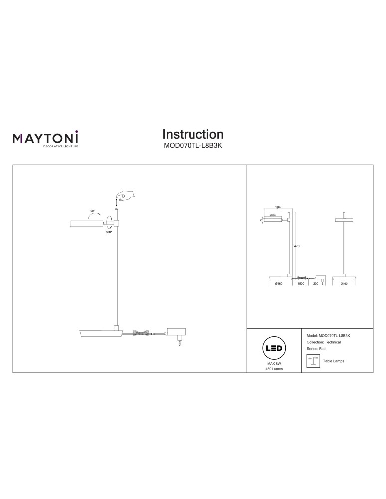 Maytoni Fad Stołowa LED 8.5W 2987K 418lm Czarny  MOD070TL-L8B3K