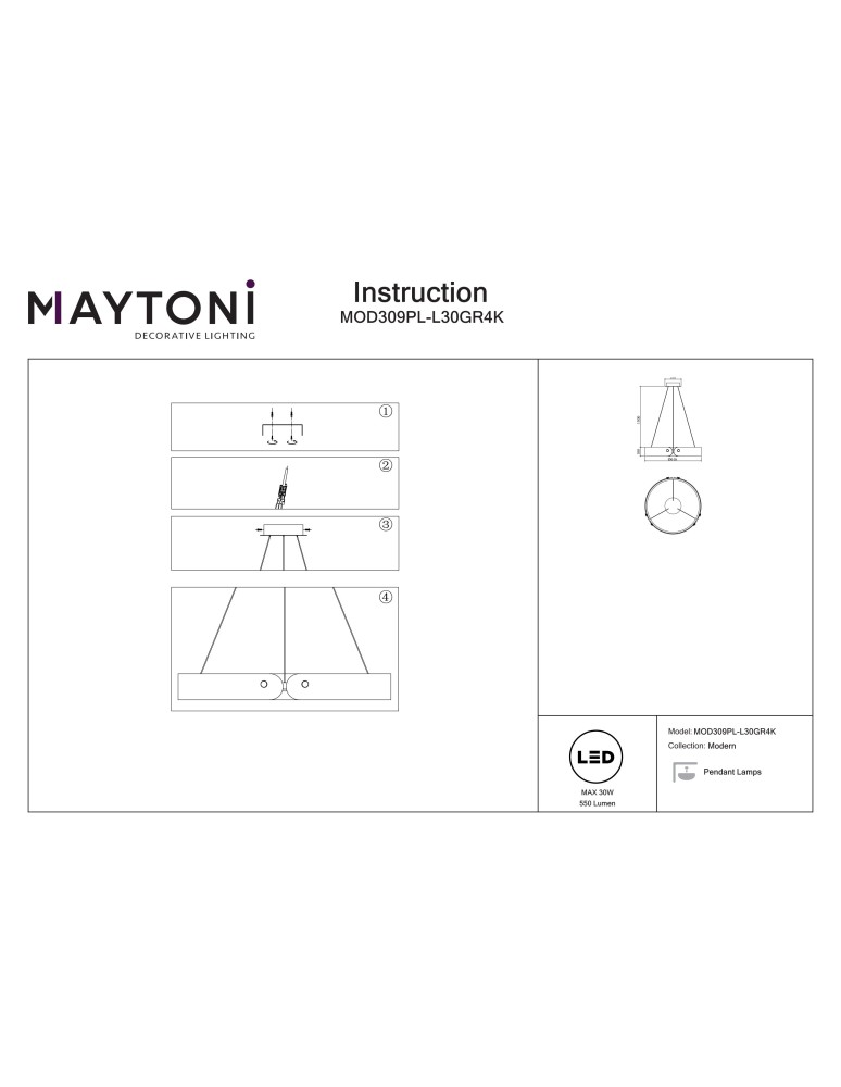 Maytoni Interstellar Wisząca LED 1x30W 4000K 550lm Szary  MOD309PL-L30GR4K Maytoni Interstellar Wisząca LED 1x30W 4000K 550lm Szary  MOD309PL-L30GR4K