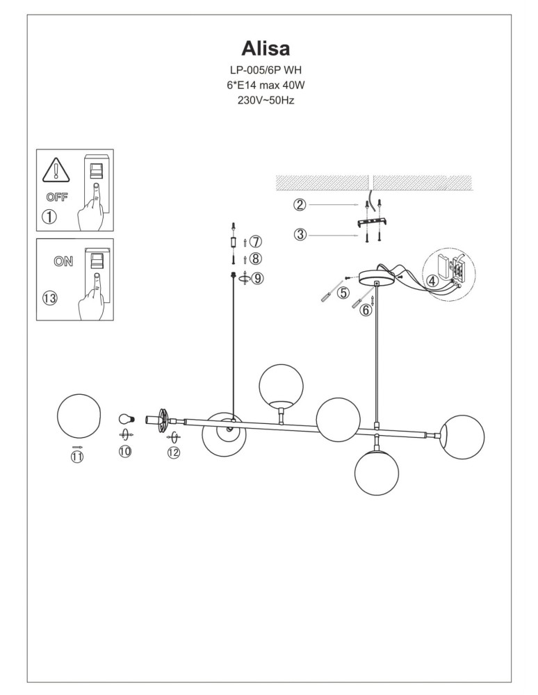 Light Prestige Alisa lampa wisząca białe kulki LP-005/6P WH 6xE14 złoty / biały