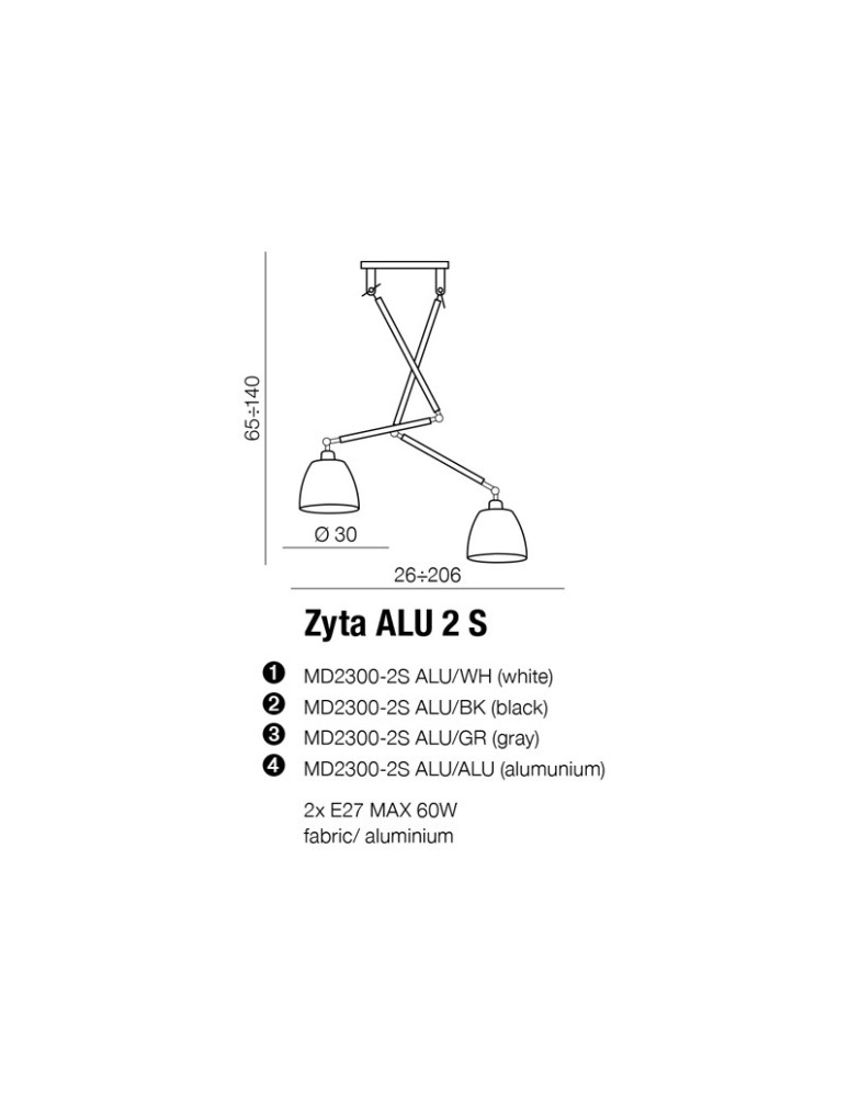 AZzardo ZYTA 2 S Wisząca Alu/BK 2xE27 MD2300-2S Alu/BK