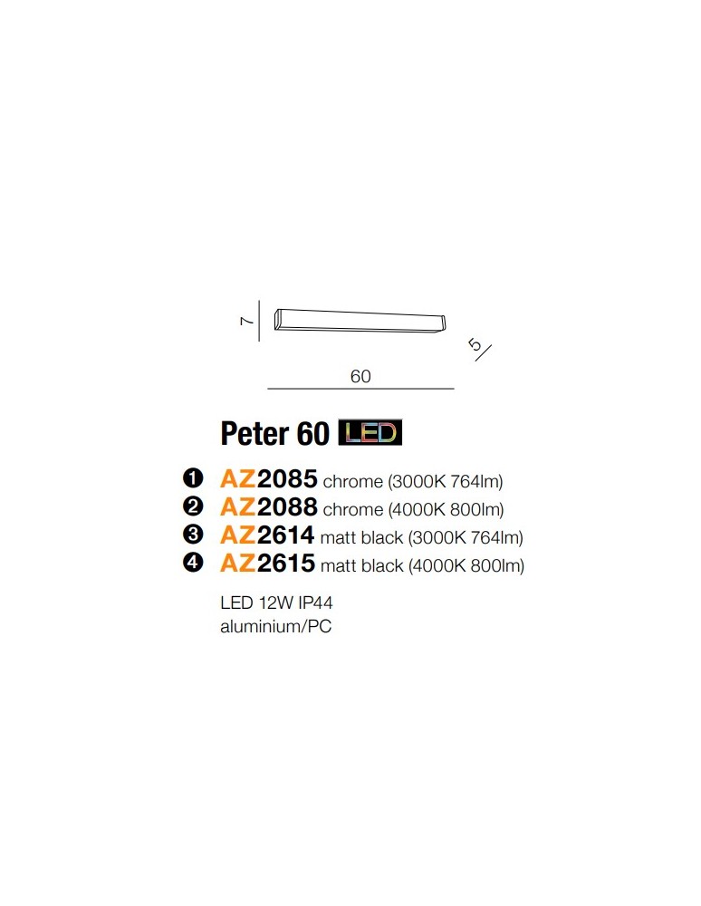 Kinkiety łazienkowe - Azzardo PETER 60 3000 CHROME 1xLED Ścienna Chrom IP44 AZ2085 - produkt kolory-swiatla.pl 3