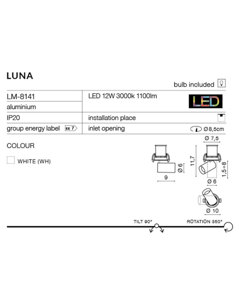 Azzardo LUNA 15W DIMM WHITE 1xLED Wpuszczana Biały/Czarny AZ2828