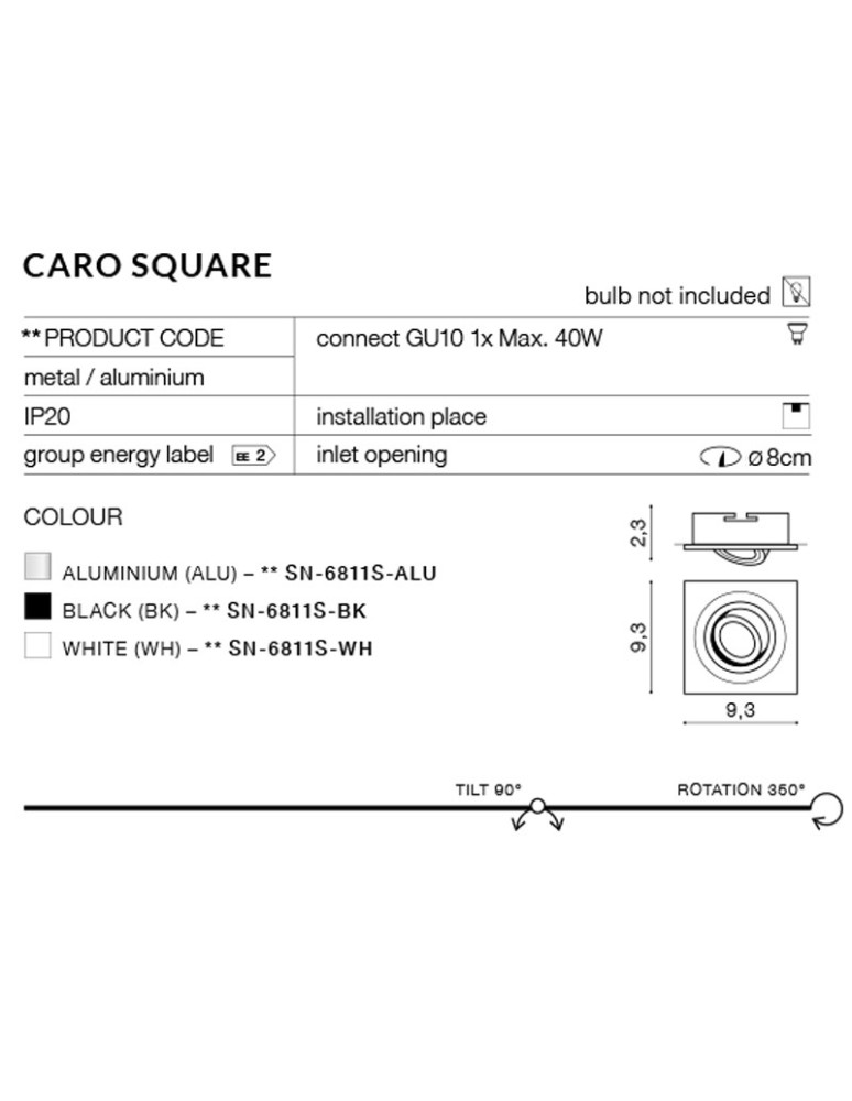 Lampy podtynkowe kwadratowe - Azzardo CARO SQUARE BLACK 1xGU10 Wpuszczana Czarny AZ2434 - product kolory-swiatla.pl 3