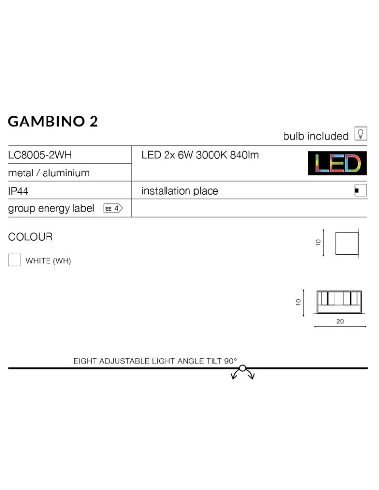Kinkiety - Azzardo GAMBINO 2 WHITE 2xLED Ścienna Biały IP54 AZ1882 - product kolory-swiatla.pl 3