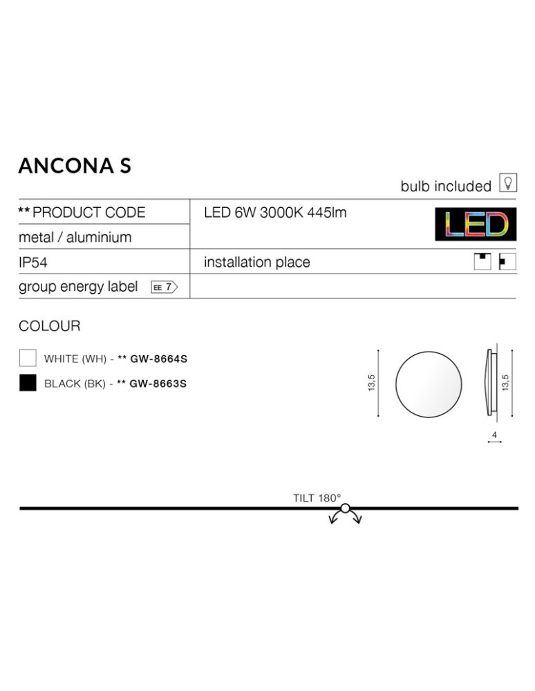 Azzardo ANCONA S BLACK 1xLED Ścienna Czarny IP54 AZ2191