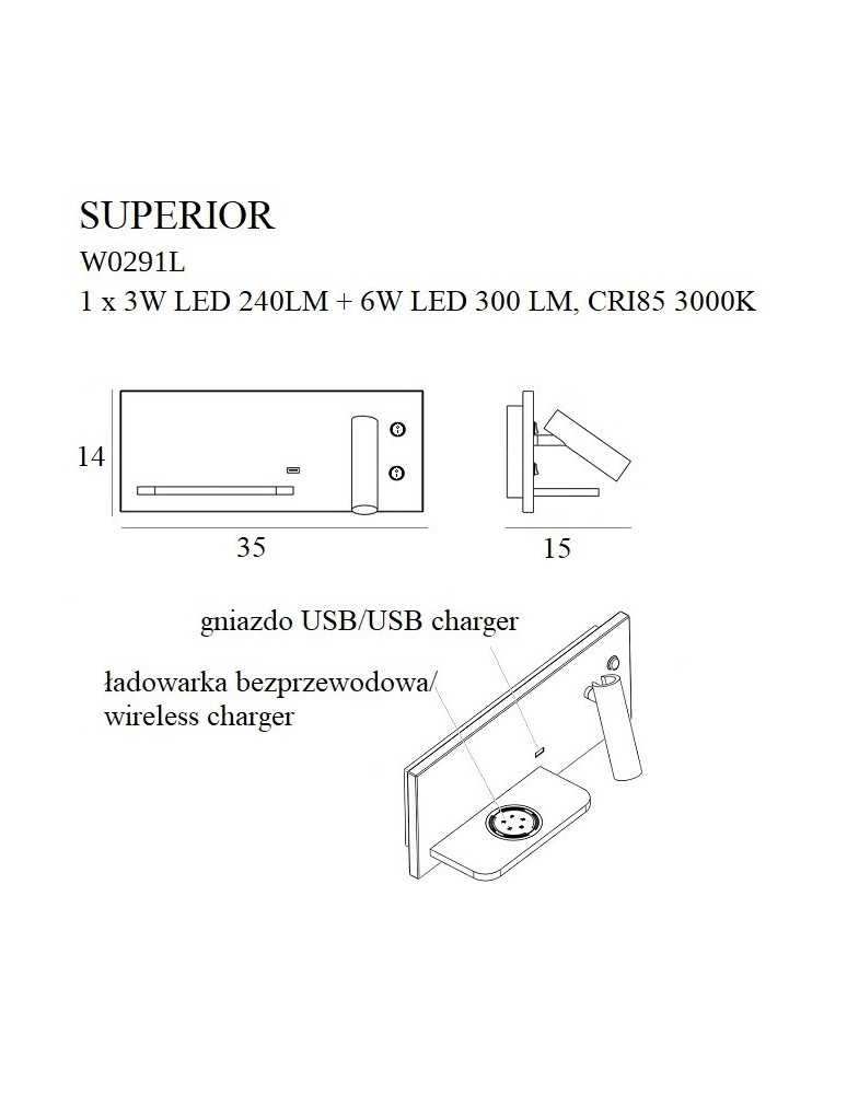Maxlight Kinkiet Superior z Gniazdem USB i Ładowarką Indukcyjną Biały W0291L