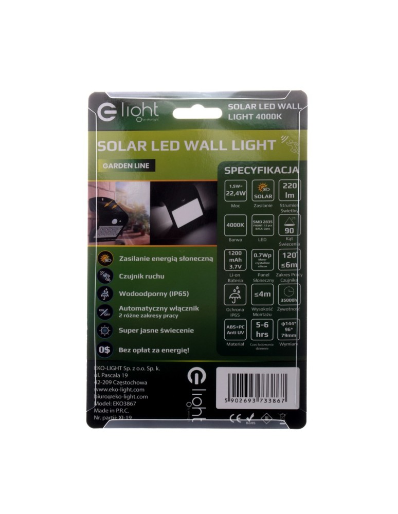 Eko-Light Lampka Solarna Butterfly Czarna 1,5W EKO3867 Eko-Light Lampka Solarna Butterfly Czarna 1,5W EKO3867
