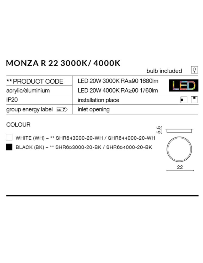 Azzardo MONZA R 22 4000K BK 1xLED Sufitowa Czarny AZ2262
