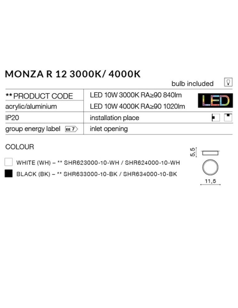 Azzardo MONZA R 12 4000K BK 1xLED Sufitowa Czarny AZ2258