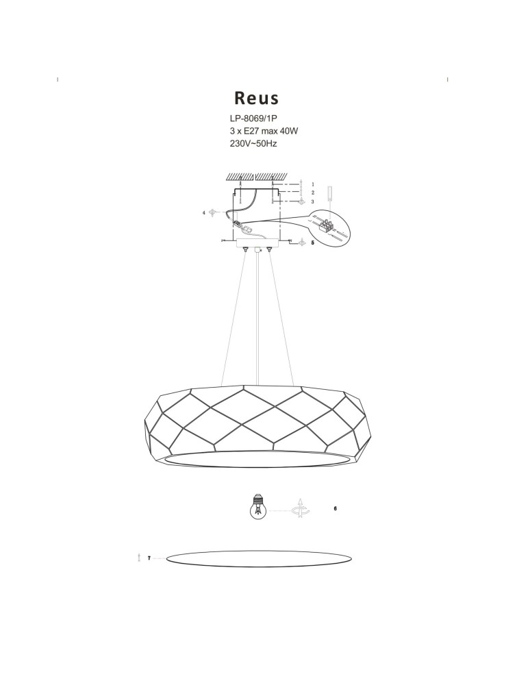 Light Prestige REUS Lampa wisząca E27 3x40W złoty LP-8069/1P GD