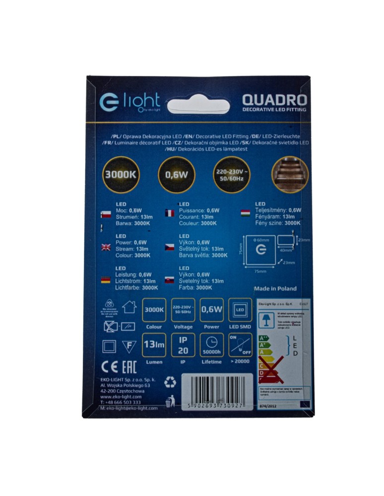 Eko-Light QUADRO Barwa Ciepła 3000K EKS0927 Eko-Light QUADRO Barwa Ciepła 3000K EKS0927