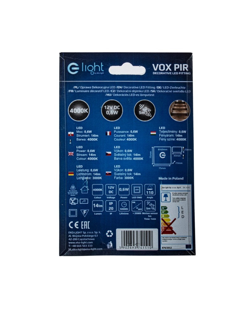Eko-Light VOX Barwa Neutralna 4000K 12V z czujnikiem ruchu EKS1510