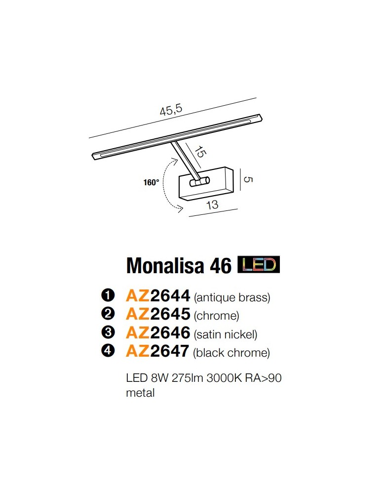 Kinkiety nad obraz - Azzardo MONALISA 46 SATIN NICKEL 1xLED Ścienna Nikiel Satynowy AZ2646 - produkt kolory-swiatla.pl 3