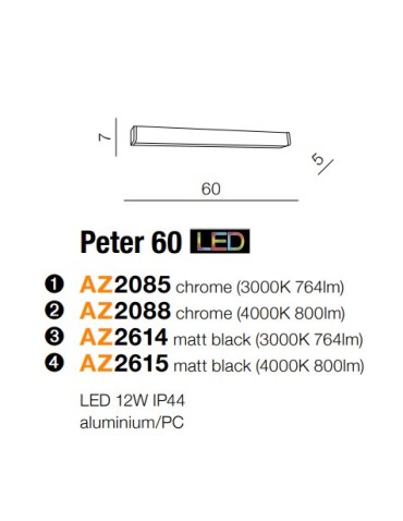 Azzardo PETER 60 3000 MATT BLACK 1xLED Ścienna Czarny Mat IP44 AZ2614 - produkt 2
