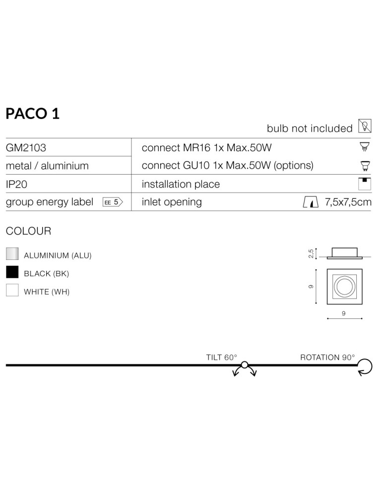 Azzardo PACO 1 WHITE 1xGU10 Wpuszczana Biały AZ0796