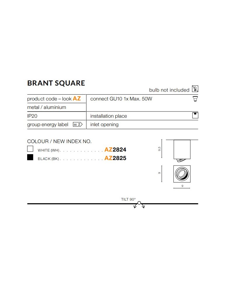 Azzardo BRANT SQUARE BLACK 1xGU10 Natynkowa Czarny AZ2825