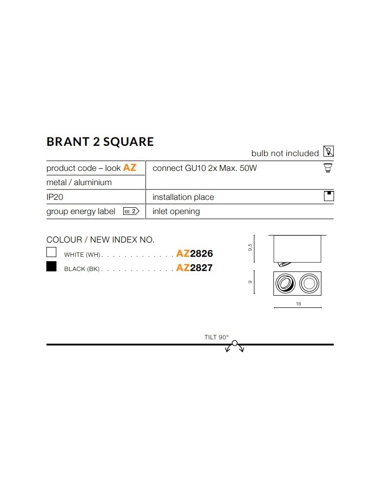 Azzardo BRANT 2 SQUARE BLACK 2xGU10 Natynkowa Czarny AZ2827