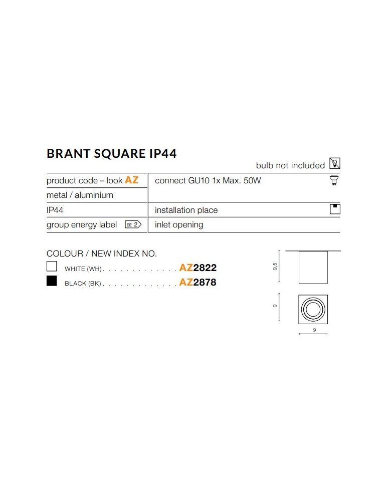 Oprawy sufitowe hermetyczne - Azzardo BRANT SQUARE IP44 BLACK 1xGU10 Natynkowa Czarny IP44 AZ2878 - product kolory-swiatla.pl 2