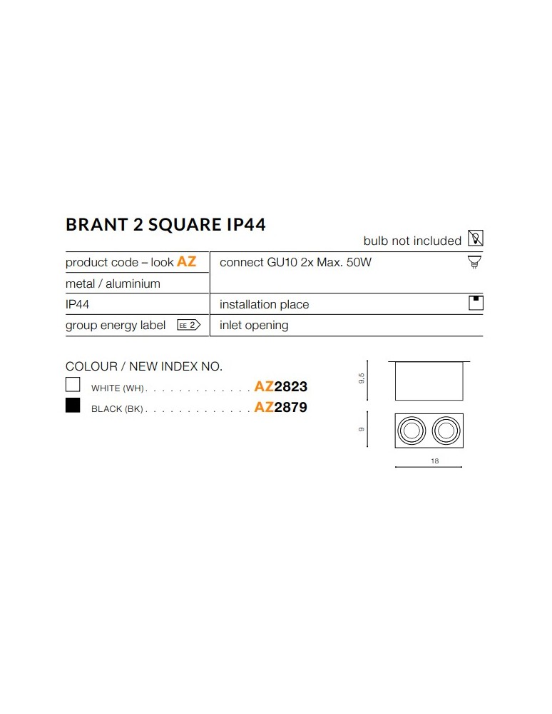 Azzardo BRANT 2 SQUARE IP44 BLACK 2xGU10 Natynkowa Czarny IP44 AZ2879