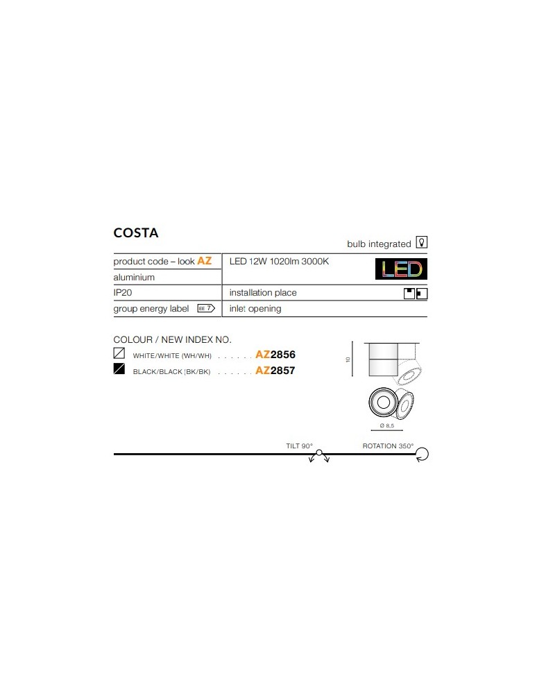 Azzardo COSTA WHITE 1xLED Reflektor Sufitowy Biały AZ2856