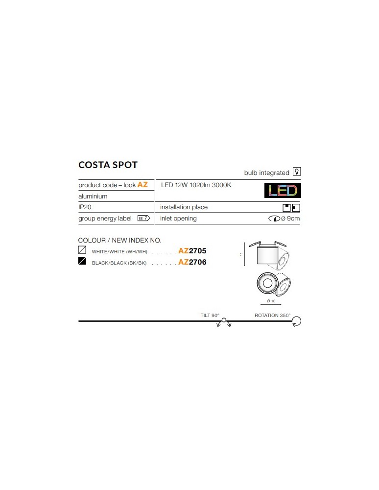 Reflektory wpuszczane w sufit - Azzardo COSTA SPOT BLACK 1xLED Reflektor Sufitowy Czarny AZ2706 - product kolory-swiatla.pl 3