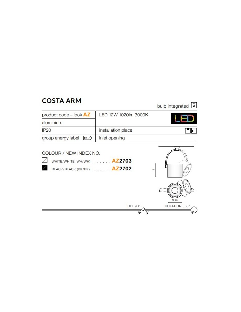Lampy sufitowe reflektory - Azzardo COSTA ARM BLACK 1xLED Reflektor Sufitowy Czarny AZ2702 - product kolory-swiatla.pl 3