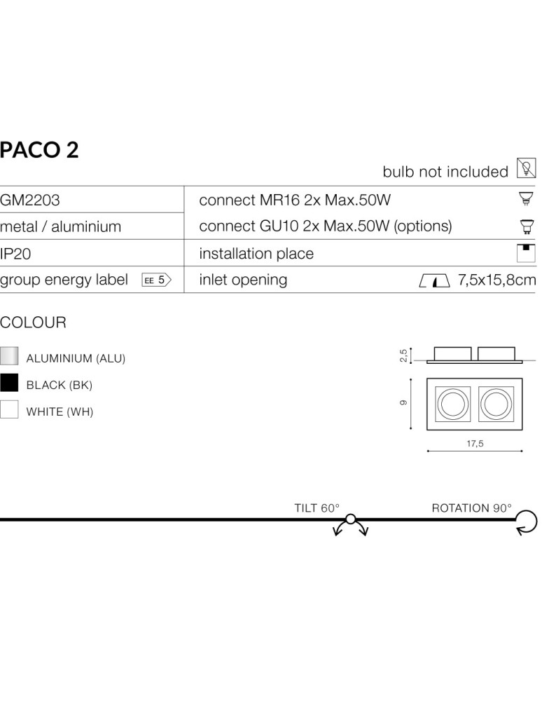 Azzardo PACO 2 ALUMINIUM 2xGU10 Wpuszczana Aluminium AZ0798