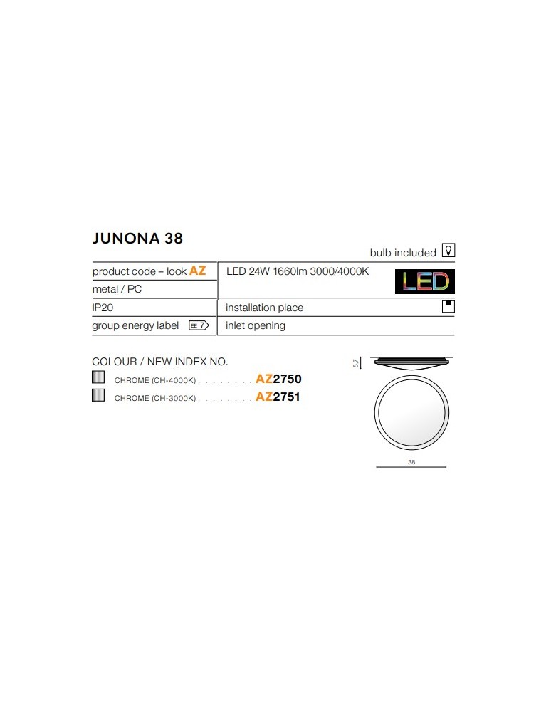 Plafony okrągłe - Azzardo JUNONA 38 3000K CHROME 1xLED Sufitowa Chrom AZ2751 - product kolory-swiatla.pl 3