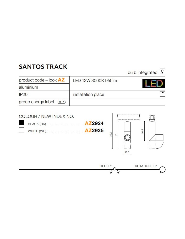 Lampy do szynoprzewodów 3 fazowych - Azzardo SANTOS TRACK BLACK 1xLED Reflektor Do Szynoprzewodu 3F Czarny AZ2924 - produkt kolory-swiatla.pl 3