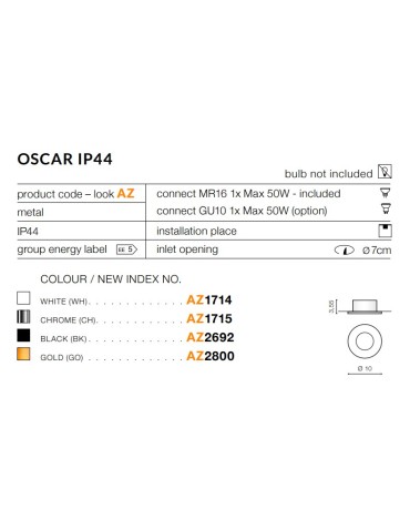 Azzardo OSCAR IP44 BLACK 1xGU10 Wpuszczana Czarny IP44 AZ2692 - produkt 2