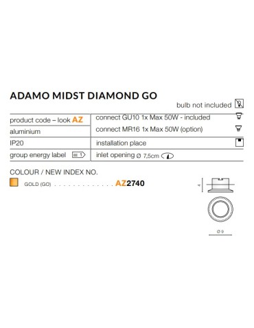 Azzardo ADAMO MIDST DIAMOND GO 1xGU10 Wpuszczana Złoty AZ2740 - produkt 2